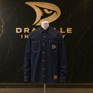 เสื้อแจ็คเก็ตยีนส์สีน้ำเงินเข้มแบบไม่ซักล้าง สไตล์ฮิปฮอปแนวสตรีทแวร์ ตกแต่งกระดุมแป๊กพร้อมตราสัญลักษณ์แบรนด์ เสื้อสตรีทแวร์ Y2K แบบติดกระดุมแป๊ก - Product Image 1