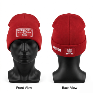Premium acrylic knit volleyball beanie 300 GSM soft stretch red cuffed cap with woven patch logo custom embroidery branding - Product Image 1