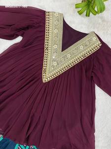 Designer Fancy Faux Georgette with Real-<b>Mirror</b> Hand-work Neck Long-Top & Cotton-Denim Embroidery Jeans Pair Worldwide Supplier - Product Image 3