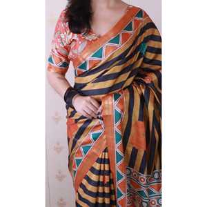 Sari de Seda Tussar Naranja Suave con Estampado de Rayas y Zari Tejido, Elegante Bufanda y Chal Tradicional Indio de Elite Weaves - Product Image 5