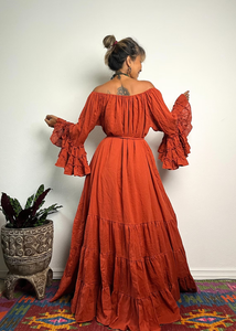 Bohemian for Orange V-neck Maxi Dress Dramatic Tiered Flare <b>Bell</b> Sleeve Waist Tie Ruffled Hem Eco-Friendly Organic Cotton - Product Image 2