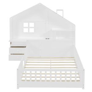 Letto per bambini bianco a grandezza naturale con finestra, cassetti laterali, ripiani e set di prese USB - Product Image 4