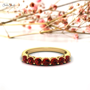 Bague en grenat véritable du Mozambique, taille brillant ronde 3 mm, avec sept pierres précieuses et demi-alliance en or jaune fin 14 carats, idéale pour un cadeau de mariage - Product Image 6