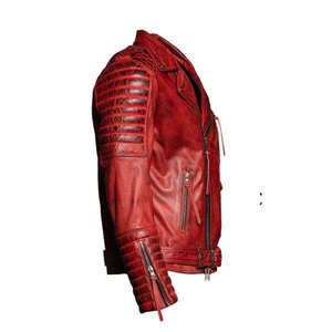 Veste de moto en cuir véritable rouge pour homme, col rabattu, fermeture éclair, coupe ajustée, style motard, imperméable pour l'hiver - Product Image 3