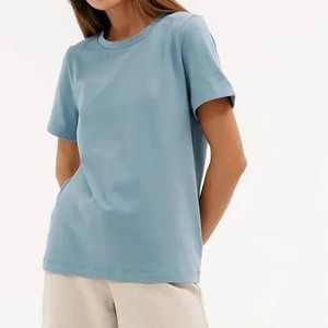 T-shirt en coton bleu clair pour femme, col rond, coupe ample, décontracté, manches courtes, couleur unie, respirant, jersey, pour le printemps et l'été - Product Image 1
