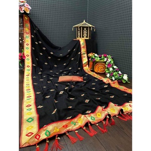 DISEÑADOR ZARI WORK SAREE CON BLUSA SIN COSTAR NEGRO - Product Image 1