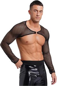 Custom Men's <b>Fishnet</b> Mesh Crop Top Long Sleeve Hollow Out See Through Muscle Shrug Cover up 100% Polyester Casual - Product Image 4