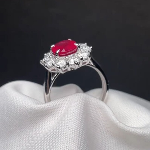 Anillo de Diamantes con Halo Ovalado en Color Rosa Rubí, Cuatro Garras, Plata de Ley, Joyería de Moda para Novia - Product Image 3