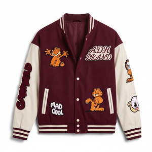 Veste universitaire pour homme de couleur marron, manches crème, patch brodé Garfield, veste de baseball bomber, style preppy streetwear - Product Image 1