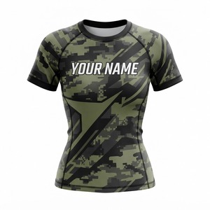 <b>Women</b> Black Green Compression Rash Guard Short Sleeve Digital Print Quick Dry Athletic Training Shirt UPF50+ Eco-Friendly - Product Image 5