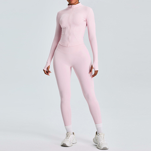 Women's Pink Yoga Set Full Length Leggings Long Sleeve <b>Zipper</b> <b>Top</b> High Waist Seamless Activewear 2 Piece Sport Wear - Product Image 4