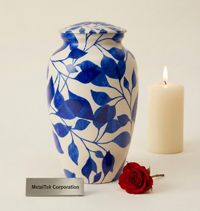 Blue Leaf Cremation Urn Handmade Aluminum Adult Funeral Urns <b>Thread</b> <b>Lock</b> Lid Velvet Base Decorative Memorial Ashes Metal Jars - Product Image 1