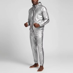 Combinaison de sauna à capuche argentée pour homme, en polyester, taille élastique, toutes saisons, pour l'entraînement et la sudation - Product Image 3