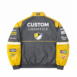 เสื้อแจ็คเก็ตแข่งรถแบบกำหนดเองสำหรับผู้ชาย ปักลายปักตกแต่ง แนวมอเตอร์สปอร์ต สีดำม่วง ติดกระดุมแป๊ก สตรีทแวร์ โลโก้ OEM ขายส่ง - Product Image 6