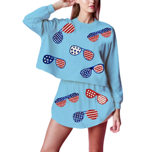 Ensemble short et haut décontracté d'été pour la Fête Nationale du 4 juillet, manches longues, avec broderie de sequins motif Cupcake, 100% coton - Product Image 2