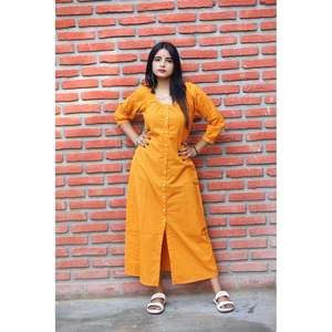 Robe longue jaune tissée élégante, respirante, style simple, coupe ample, col rond, taille naturelle, taille XS pour le quotidien - Product Image 1