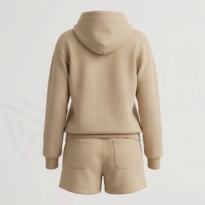 Ensemble sweat à capuche 2 pièces pour femme avec feuilles brodées, couleur unie, coupe décontractée, short au-dessus du genou - Product Image 2