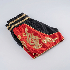 Custom Black Red Men Muay Thai Shorts Metallic Gold <b>Applique</b> Patches Kickboxing Trunks Wholesale Custom Logo MMA Fighting Shorts - Product Image 6