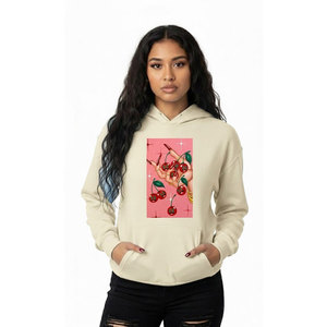 <b>Women's</b> <b>Cream</b> Hoodie With Cherry Print Front Logo Pockets Casual Cotton Sweatshirt Spring Wear - Product Image 2
