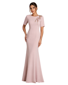 Robe de soirée sirène élégante pour femme, respirante, longue, avec broderie, manches courtes, col rond, pour l'été/le printemps - Product Image 1