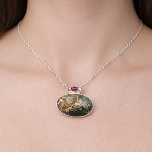 Pendentif en pierres précieuses naturelles Héliolite et Grenat, en Argent sterling 925 plaqué Or rose et Or jaune, ovale, bijou de guérison - Product Image 2