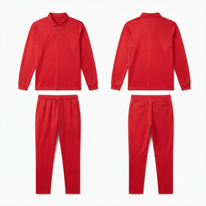 Ensemble de survêtement décontracté pour homme, polo rouge à manches longues et pantalon à cordon de serrage, couleur unie, coupe classique, 100% coton, vêtements de printemps - Product Image 2