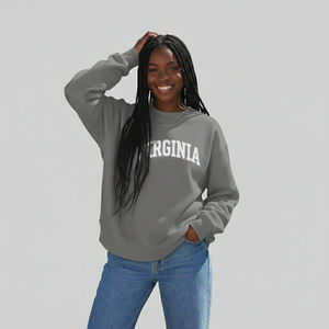 Sweat-shirt gris à col rond pour femme avec imprimé lettre Virginia, manches régulières, tricoté, col montant décontracté - Product Image 1