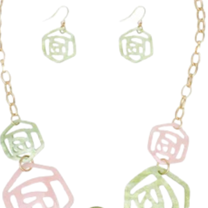 AKA Sorority Jewelry <b>Set</b> Pink & Green Rose Collar Necklace with Matching Earrings Jewelry Gift for Women - Product Image 2