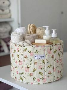 Style De Maison Bow Decorated Floral Cotton Portable <b>Makeup</b> Organizer Cosmetic Bag <b>Makeup</b> Pouch Bath Essentials Storage All - Product Image 1