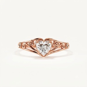 Bague de Fiançailles Cœur en Or Massif 14K Style Antique avec Diamant de Laboratoire 0.50ct 5mm, Bague de Promesse Vintage Solitaire en Filigrane en Forme de Cœur - Product Image 2