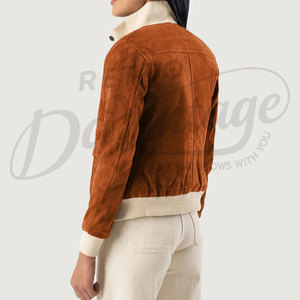 Women Tan Genuine Suede <b>Leather</b> Button Up <b>Jacket</b> Slim Fit Premium Goat Suede Casual Winter Bomber Outerwear Fashion Coat - Product Image 2