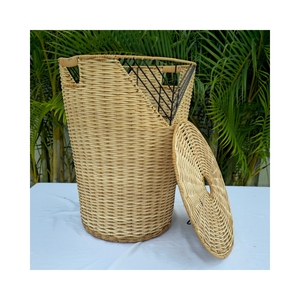 Baúl de Almacenamiento Redondo de Ratán en Dos Tonos, Blanco y Marrón, con Tapa - Product Image 2