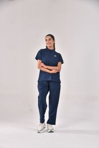 Blue <b>Women</b> Medical Scrub Suit Set <b>Short</b> Sleeve Zip Stand Collar Top with Matching Pockets Workwear <b>Trousers</b> - Product Image 2