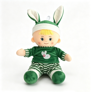 Haut vert personnalisé à manches longues brodé d'un lapin endormi, pantalon de pyjama rayé vert et blanc, pose plat sur le dos - Product Image 5