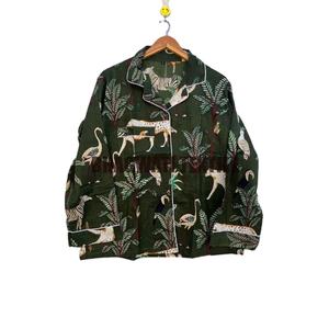 ชุดนอนผ้าฝ้ายเนื้อนุ่มพิเศษสำหรับผู้หญิง, ชุดนอนผ้าฝ้ายสไตล์อินเดียเนื้อผ้าซาตินและกางเกงผ้าซาตินพิมพ์ลายป่าน้ำหนักเบา - Product Image 1