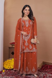 Vestido Tradicional Largo hasta el Suelo para Mujer, Color Naranja, con Bordado de Georgette, Corte Regular, para Todas las Temporadas, Estilo India/Pakistán, Ideal para Bodas - Product Image 4