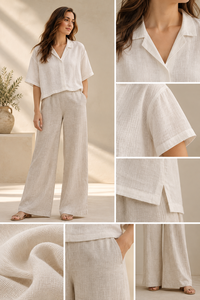 Conjunto de 2 Piezas Exclusivo de Alta Calidad, Tejido Sólido, Blusa de Algodón Beige Combinada con Pantalones, Venta al Por Mayor - Product Image 4