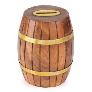 Tirelire en bois artisanale en forme de baril pour enfants - Finition boisée |   Tirelire pour économies en pièces |   Cadeaux pour enfants, filles - Product Image 1