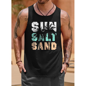 Débardeur sans manches pour homme, imprimé soleil, sel et sable, col rond, décontracté, respirant, en polyester tricoté - Product Image 1
