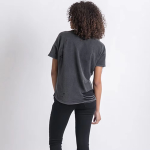 Camiseta de algodón grueso para mujer, con efecto desgastado, estampado personalizado, corte regular, negra, estilo vintage, lavado ácido, OEM - Product Image 4