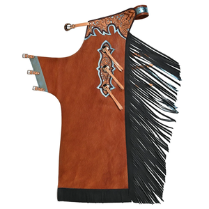 Rodeo English Chaps para Hombre, Cuero Genuino de Vaca, Largos, Negros, con Flecos y Cierre de Hebilla, Accesorio Ecuestre para Montar a Caballo, Modelo F70 - Product Image 2