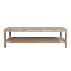 Mesa de centro rústica de madera maciza con estante de almacenamiento de yute tejido, acabado en blanco envejecido, mesa de cóctel para la sala de estar del hogar - Product Image 5