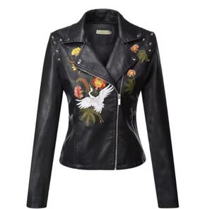 Veste d'hiver décontractée pour homme en cuir de vache véritable noir, coupe-vent, avec broderie à la main motif tigre, grue et floral, col rabattable - Product Image 1