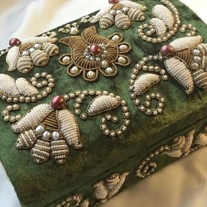 Vintage Green Embroidered Floral Jewelry <b>Box</b> with Tassel Closure Rectangle Shape - Product Image 5