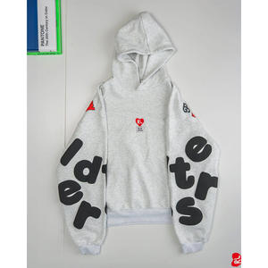 Sudadera con capucha y cremallera de algodón polar gris jaspeado de invierno para hombre, con letras personalizadas y bordado desgastado, estilo oversize - Product Image 3