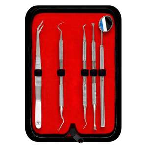 Kit d'hygiène bucco-dentaire 5 pièces en acier inoxydable, grattoir à tartre, miroir, curette, pince, instruments de nettoyage dentaire certifiés CE - Product Image 1
