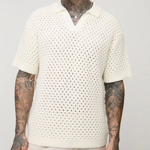 Camiseta de punto de algodón de manga corta para hombre, diseño personalizado con logo, estilo casual, de gran tamaño, de malla de ganchillo - Product Image 6