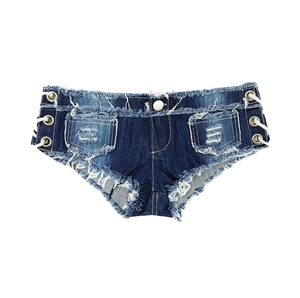 กางเกงยีนส์ขาสั้นลำลองแบบสบายๆ สีน้ำเงินกลาง ขอบรุ่ย ผ้าฝ้ายยืดนุ่ม เอวต่ำ - Product Image 1