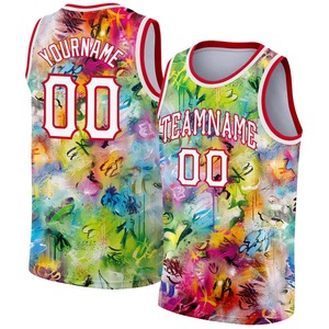Maillot de basket-ball personnalisé avec motif de graffitis, blanc et rouge, authentique, sublimé, uniforme d'équipe, chemise d'entraînement professionnelle - Product Image 1