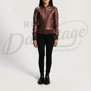 Women Metallic Bronze Genuine <b>Leather</b> Bomber <b>Jacket</b> Slim Fit Premium Sheepskin Casual Winter Outerwear Fashionable Coat - Product Image 3